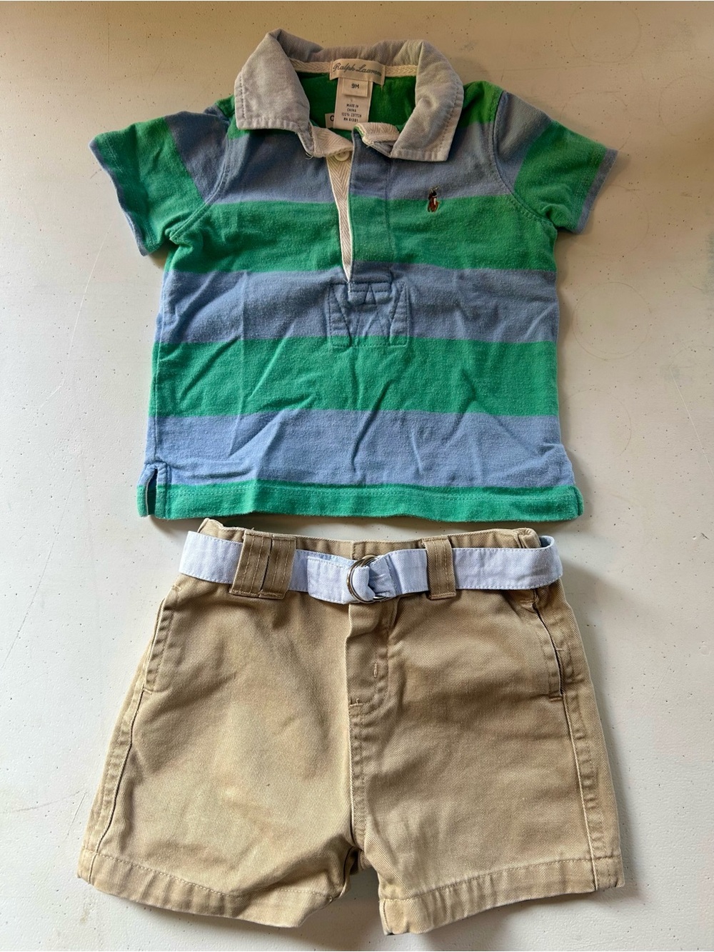 Ralph Lauren Green & Blue Striped Polo Shirt & Chino Shorts Set | 9M